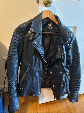 Women’s blue  Quilted Sleeve Biker Jacket